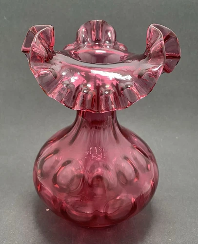 Vintage Fenton Cranberry Red Glass Coin Dot Pattern Ruffled Edge Vase Striking