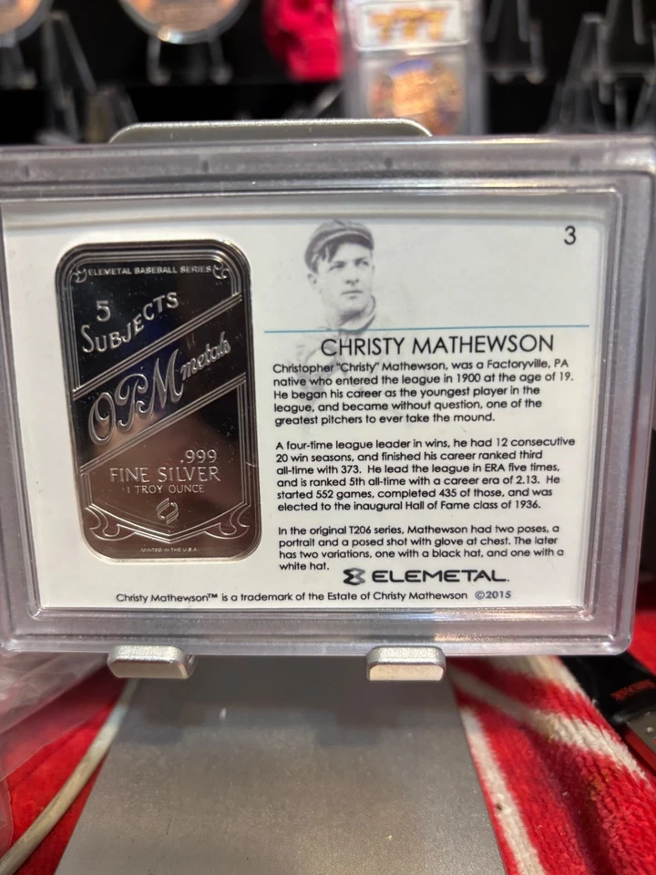 Barra de plata Christy Mathewson Elemetal T206 Baseball Greats .999 1 OZ 1298/1909 Foto 2 de 2