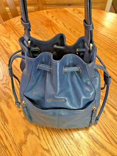 Womens COLE HAAN Blue Leather Drawstring Shoulder Bag / Hobo Bag - Fast Ship! - Picture 6 of 12