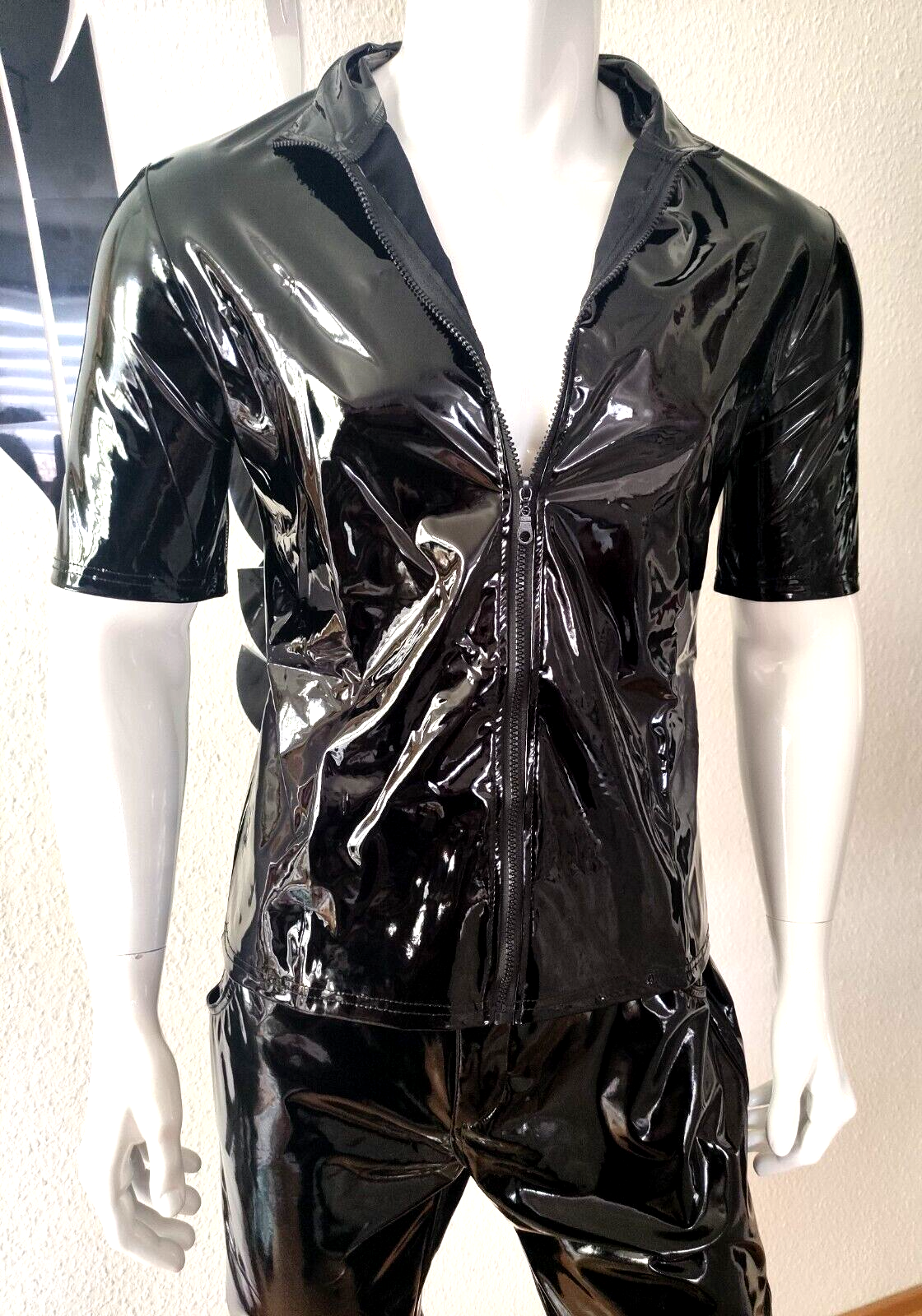 ALTRA Camicia New per uomo pelle verniciata lucida manica corta vernice sexy cerniera lucida a specchio black 5XL