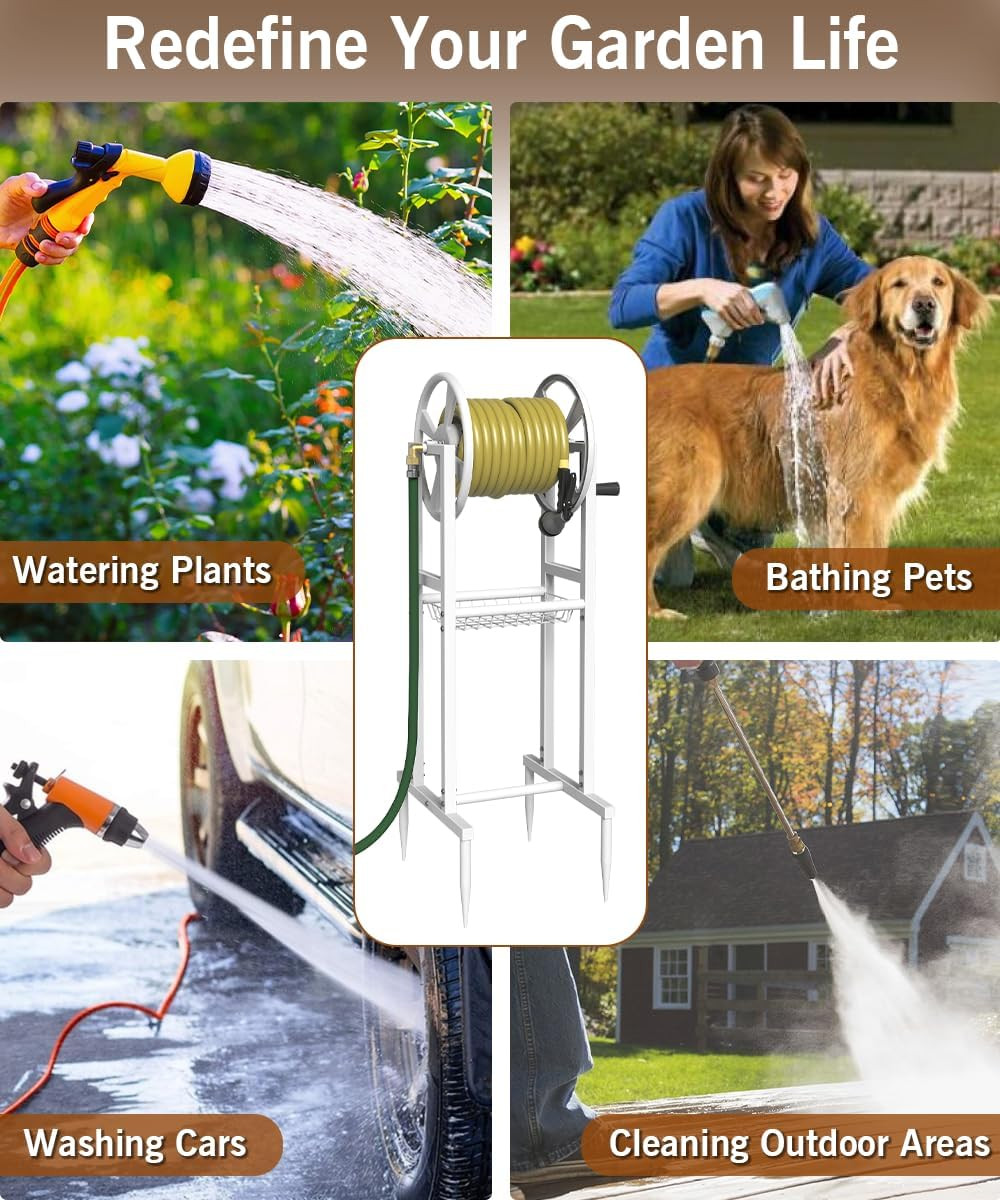 Outdoor Garden Hose Reel with Storage Rack, Holds 125ft, White