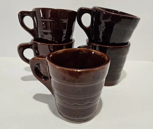 Vintage Brown USA Stoneware Set Of 5 Coffee Mugs