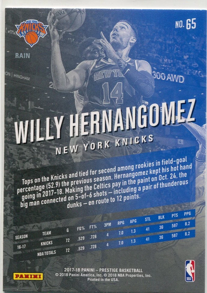 2017-18 PRESTIGE RAIN PARALLELS WILLY HERNANGOMEZ NEW YORK KNICKS - Image 2 of 2