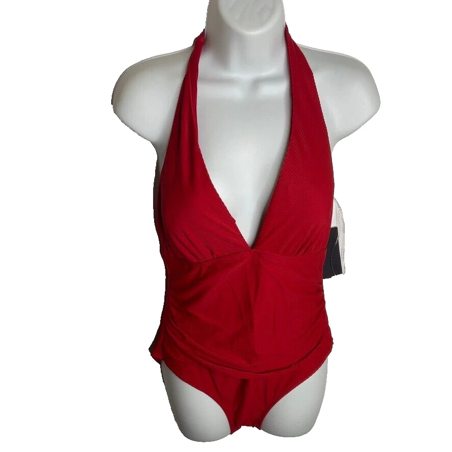 Купальник Tommy Hilfiger цельный ребристый с бретелью через шею алый размер 10 - Изображение 2 из 4