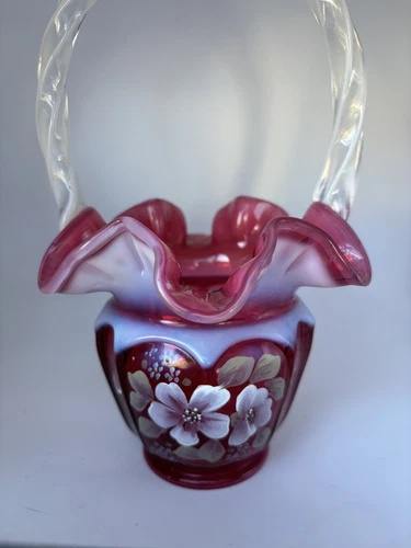 Fenton Cranberry Opalescent Glass Open-Heart Arches Basket Signed Diane Gersel