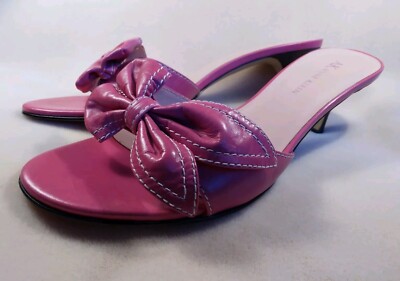 Anne Klein Pink Leather Sandals Low Heeled Slides With Bows Ladies Size 6.5