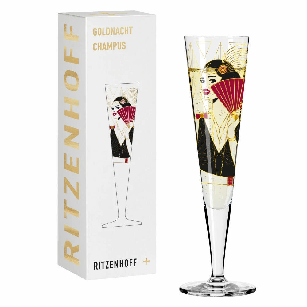 Ritzenhoff Goldnacht Champus Set 2 Bicchieri Da Champagne 205 Ml - Con Motivi Koi E Fiori Di Ciliegio, Panno Pulivetro Incluso, Made In Germany