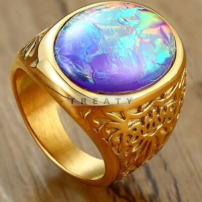 Black Opal Oval Cut With 14K Solid   Gold  Ring For Men's #372