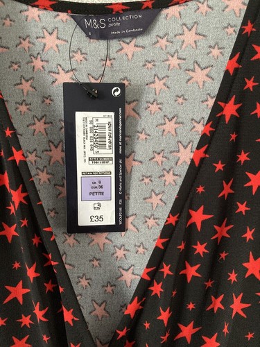 Marks and Spencer M&S New Size 8 Petite Dress Black Red Star V-Neck Long Sleeve - Picture 4 of 5