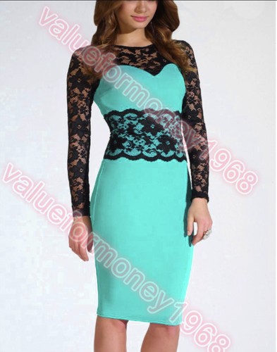 New Womens Sexy Lace Bodycon Long Sleeve Business Evening Party Cocktail Dress - Picture 2 of 28