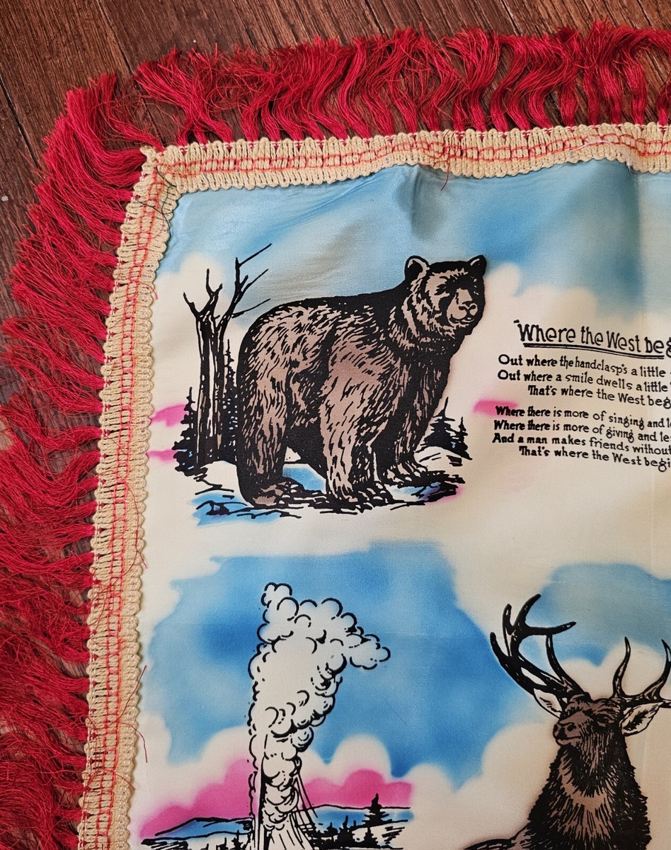 Vintage 1940s-50s Yellowstone National Park Fringed Silk Souvenir