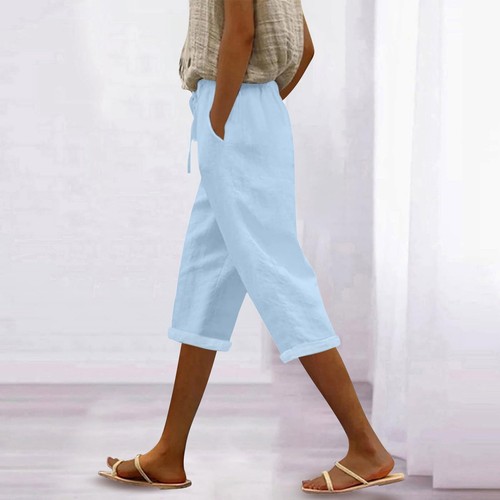 Women's Fashion Casual Loose Solid Colour Cotton Linen Drawstring 7/10 Pants - Picture 55 of 72