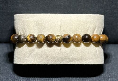 Brown & Beige Lion Head Men’s Beaded Bracelet 8mm Handmade - Picture 2 of 2