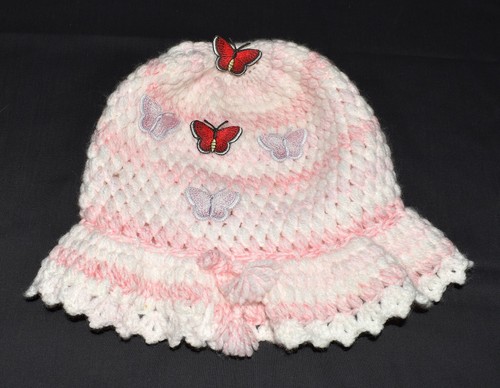 Vintage Pink White Striped with Butterfly Appliques Knit Bucket Style Girls Hat - Picture 6 of 7
