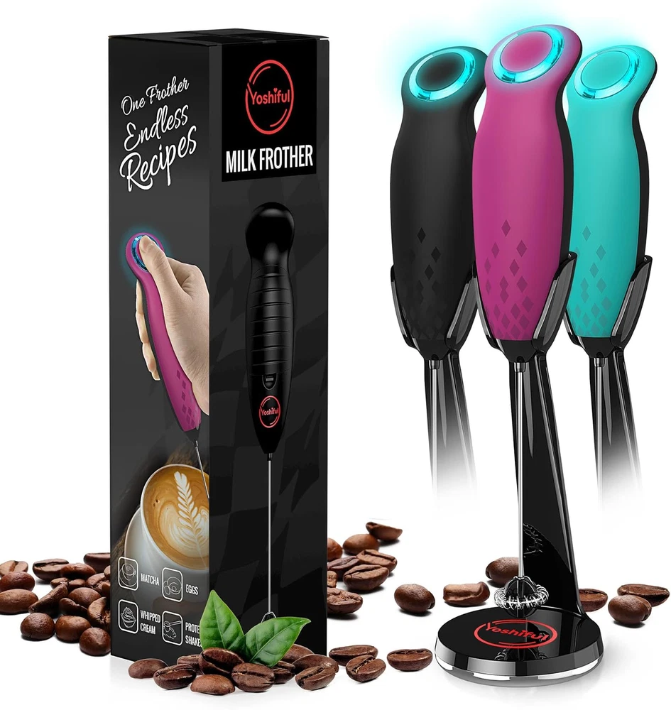 Milk Frother for Coffee with Deluxe Stand - Coffee Frother Handheld Foam Maker f