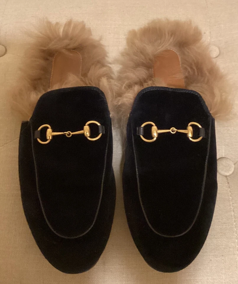 Gucci Princeton Horsebit Fur Black Velvet Mules Shoes Flats Sz 40 Preowned Auth