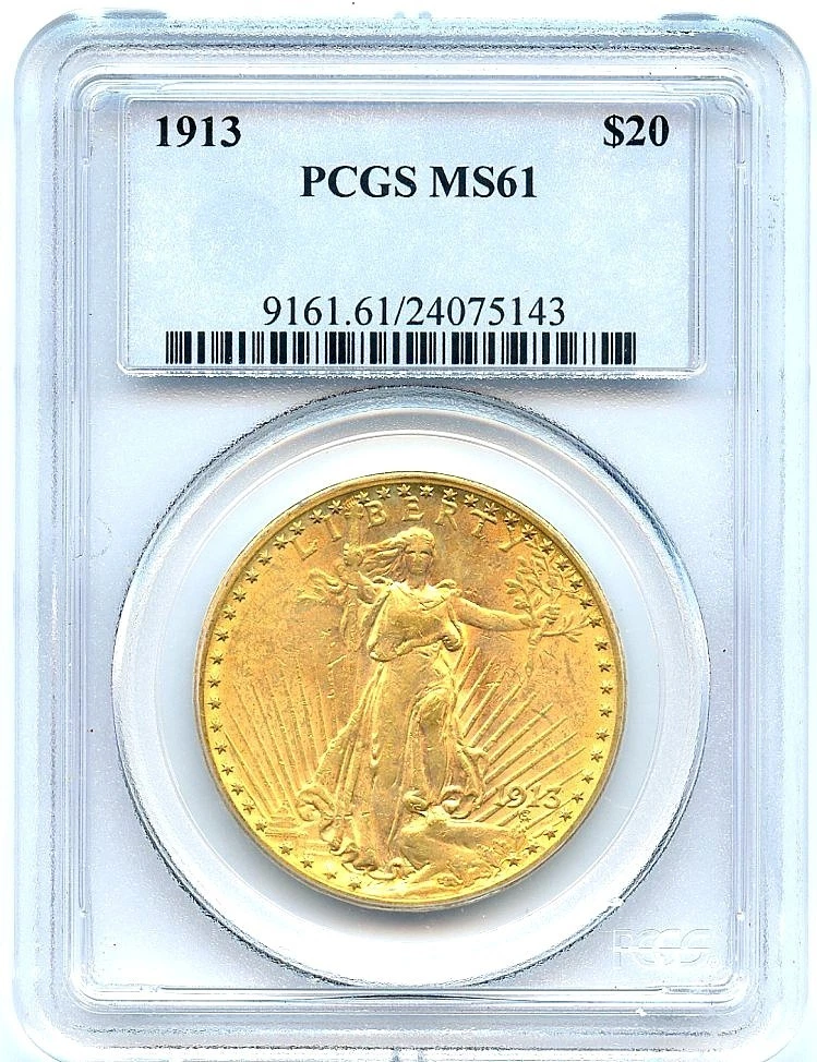 1913 $20 Saint Gaudens Gold Double Eagle, PCGS MS61, Better Date, Attractive!
