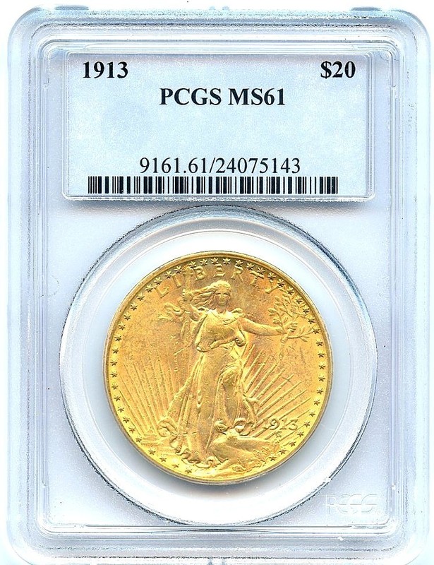 1913 $20 Saint Gaudens Gold Double Eagle, PCGS MS61, Better Date, Free Shipping!