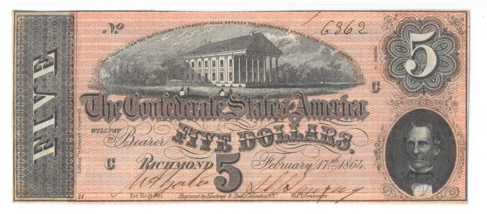 T-69 1864 $5 Confederate Looks UNC Bright Bold Color  PMG EF35 EPQ Crisp Note ! - Image 2 of 4
