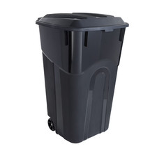 Tough 32 Gallon Wheeled Heavy Duty Plastic Garbage Can, Attached Lid, Black