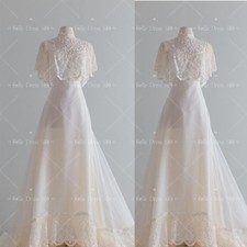 Ivory White Wedding Dresses Lace Applique High Neck A-line Victorian Bridal Gown