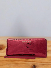 Michael Kors Women Large Metallic Logo Debossed Continental Wallet Cherry