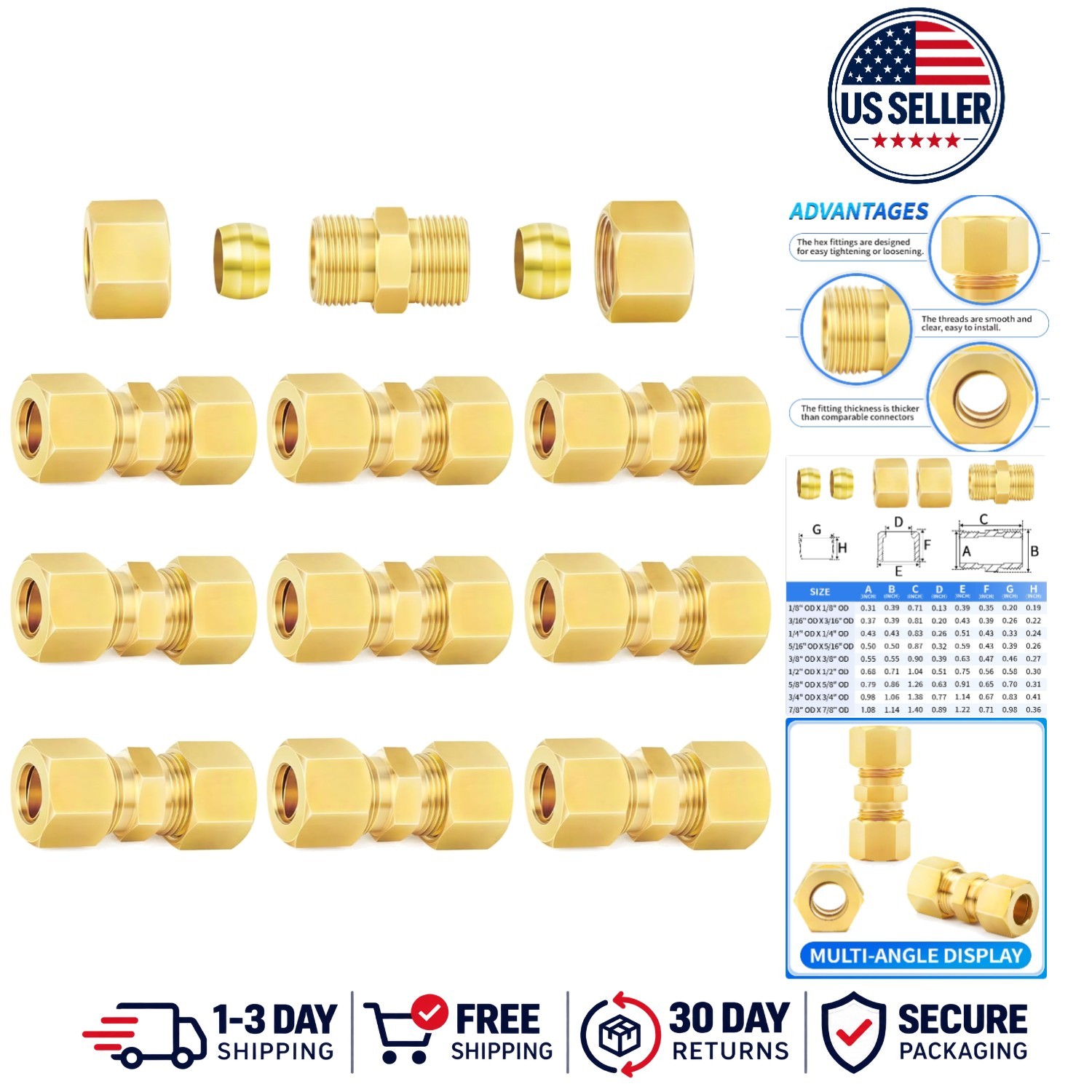 Brass Compression Tube Fitting, 3/16" OD x 3/16" OD Compression Union Connect...