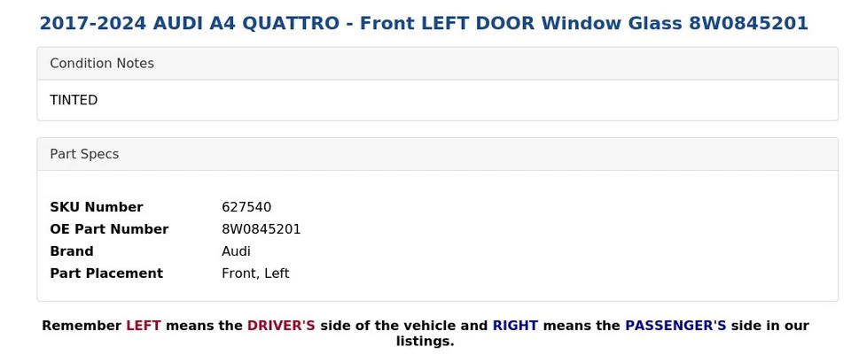 Audi A4 Quattro 2017-2024 - puerta delantera izquierda ventana cristal 8W0845201 Foto 3 de 4