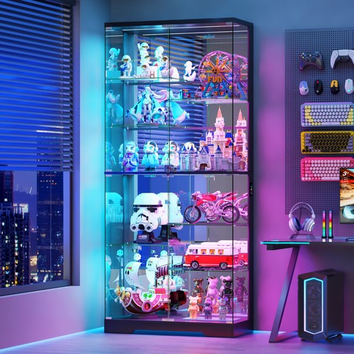 71" Glass Display Cabinet with RGB Lights, Tall Figure Display Case with Lock