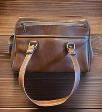 VTG 1970’s Brown Faux Leather Satchel Handbag Doctors Style Handbag W/ Zipper