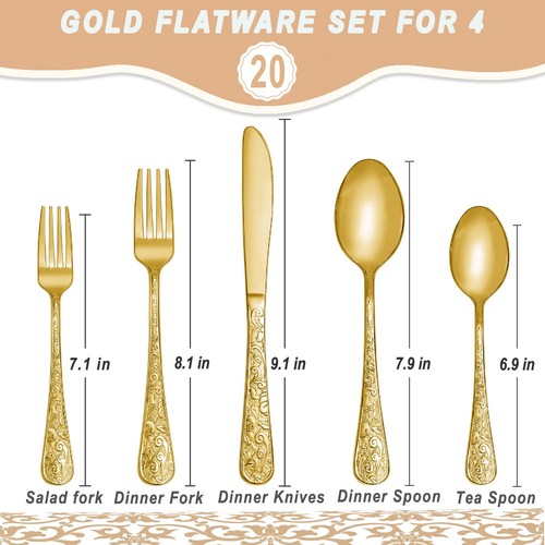 Vintage geschnitztes Gold Edelstahl 20 Teile Besteck Set, goldenes Silberbesteck... - Bild 2 von 6