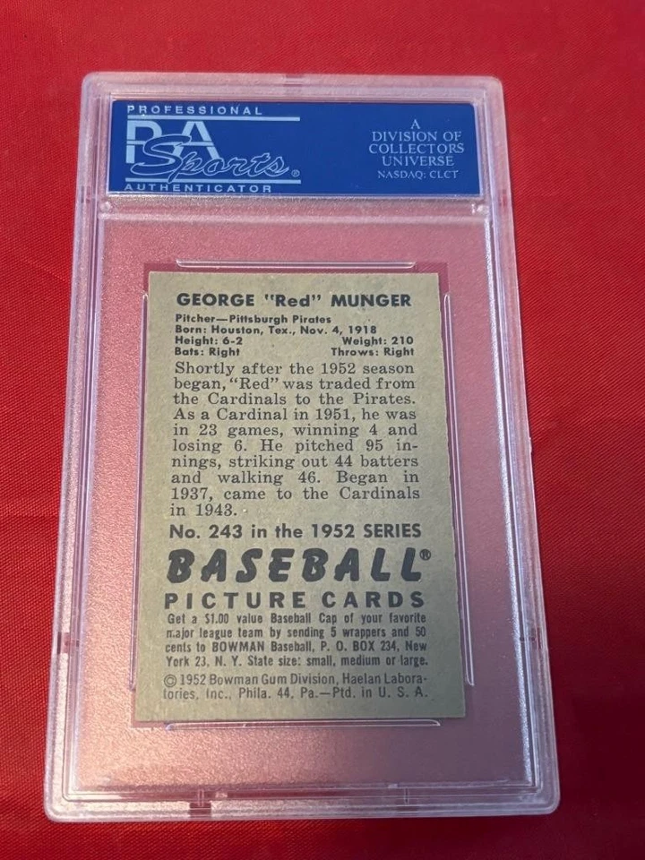 GEORGE MUNGER #243 1952 BOWMAN SET BREAK BASEBALL PSA NM-MT 8 - Image 2 of 2