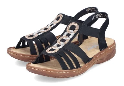 Rieker Sandale Schwarz Sandalette Freizeitsandale Gummizug Glitzer V2870 00 - Bild 1 von 4