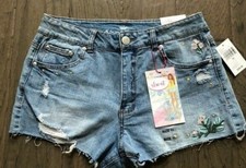 Almost Famous High Rise Denim Shorts Distressed Embroidered Raw Hem NEW 3,7,19