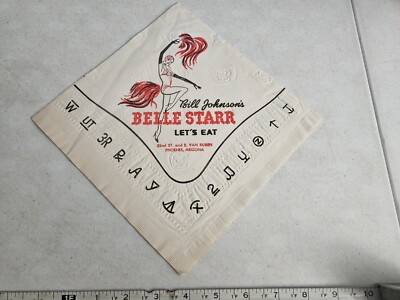 Vtg Bill Johnson's Belle Starr & Big Apple Phoenix AZ Advertising Paper Napkin