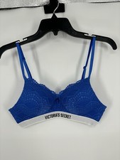 Victoria's Secret Lined No Wire Lace Bra Electric Royal Blue Spellout Size 34B