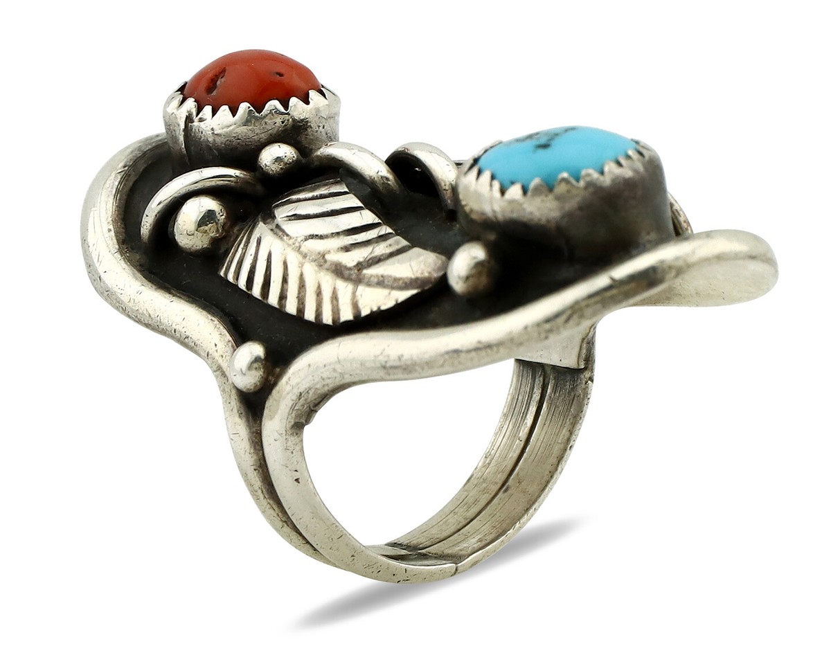 Navajo Ring 925 Silver Turquoise & Coral Artist Signed