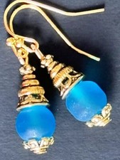 Etched Gold and Ocean Blue Sea Glass Dangle Earrings for Beach Lovers. Summer