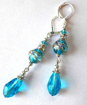 blue LAMPWORK AQUA dangle earring SP LEVERBACK handcrafted XLW