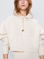 ZARA WOMENS CREAM KNIT SWEATER HOODIE SWEATSHIRT SMALL