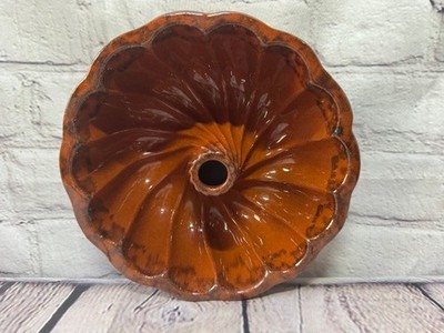 Vintage Brown Drip Glaze Pottery Bundt Cake Pan Mold 7  Fluted Bakeware Orange