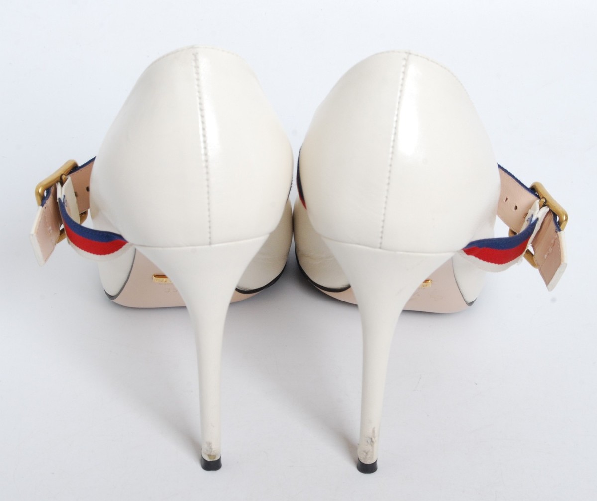 Gucci Women White Pumps Leather Buckle Strap Stiletto High Heel