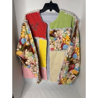 Handmade Patchwork Kitten Cat Yarn Sweater Jacket Women's Unique Kimono Style