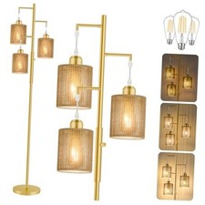 72" Rattan Boho Floor Lamp, Tall Dimmable Standing Lamp with Gold Brown Shade