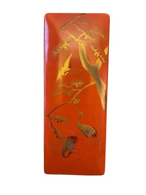 Vintage Orange Japanese Lacquer Box Cranes Herons Birds Trinket Box Letter 
