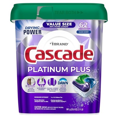 Cascade Platinum Plus Dishwasher Pods Detergent Soap Clean Scent 62 Count