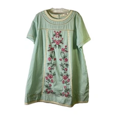 Umgee Womens Dress - Size Large- Embroidered Crocheted Lace Green Striped Floral