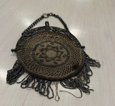 Antique Micro Beaded Chatelaine Steel Floral Frame Purse