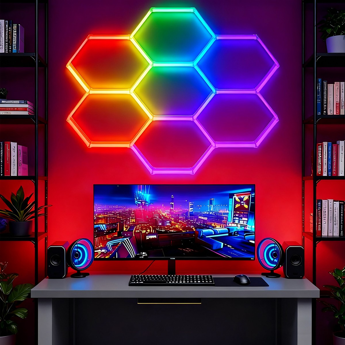 DIY RGB LED Hexagon Garage Lights Dimmable Car Detailing Shop Light for Bar Gym