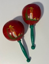 Vintage Colorful Hand Painted Wooden Mexican Fiesta Maracas Red Green Mexico